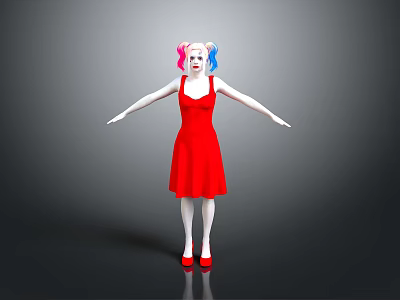 Character In Red Dress Pink Blue Pigtails White Skin Red Shoes Arms Outstretched Gray Background 3d model
