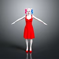Character In Red Dress Pink Blue Pigtails White Skin Red Shoes Arms Outstretched Gray Background