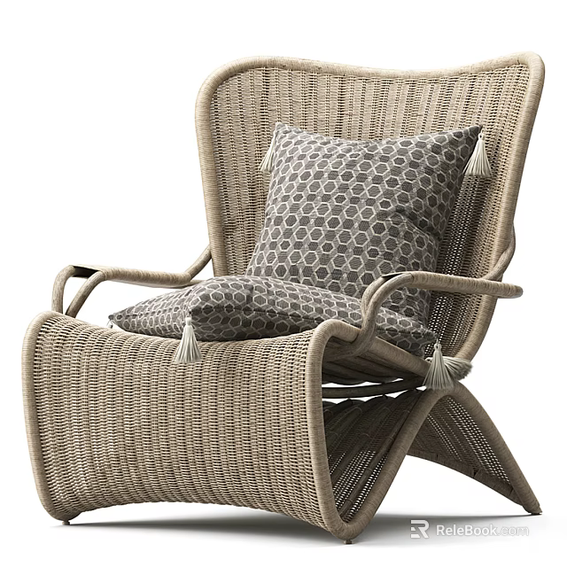 Modern Rattan Leisure Chair with Armrests Circular Pattern Cushion and Tassel Accents 3d model 