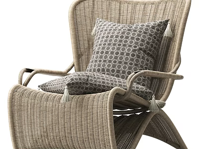 Modern Rattan Leisure Chair with Armrests Circular Pattern Cushion and Tassel Accents 3d model