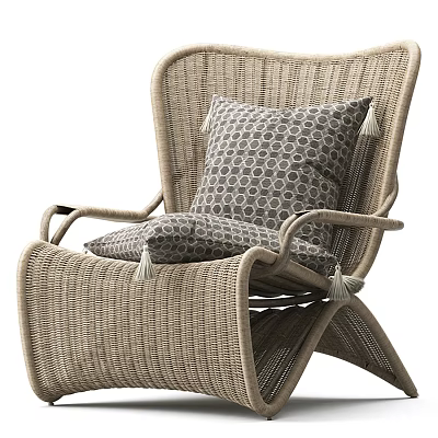 Modern Rattan Leisure Chair with Armrests Circular Pattern Cushion and Tassel Accents 3d model