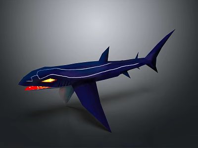 Dark blue stylized shark with glowing yellow eyes and open red mouth 3d model