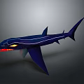 Dark blue stylized shark with glowing yellow eyes and open red mouth