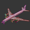 White Commercial Airplane Model With Four Engines Blue Stripes And Red Tail