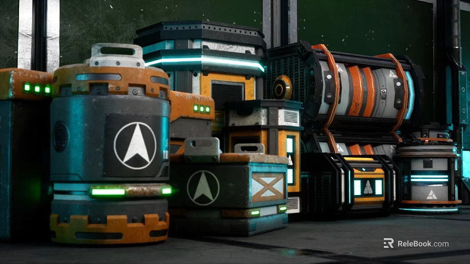 Modern Industrial Equipment With Cylindrical Square Structures Black Orange Blue Glowing Lights And A Logo 3d model 