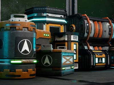 Modern Industrial Equipment With Cylindrical Square Structures Black Orange Blue Glowing Lights And A Logo 3d model