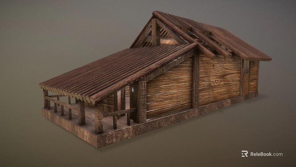 Traditional Wooden Building With Sloped Roof Porch And Carved Wooden Walls 3d model 