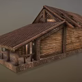 Traditional Wooden Building With Sloped Roof Porch And Carved Wooden Walls