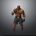 Shirtless Muscular Man in Boxing Stance Wearing Black Shorts and Gloves