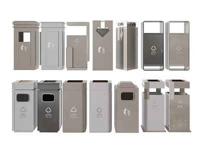 Various Design Public Trash Bins With Recycling Symbols And Metal Construction 3d model