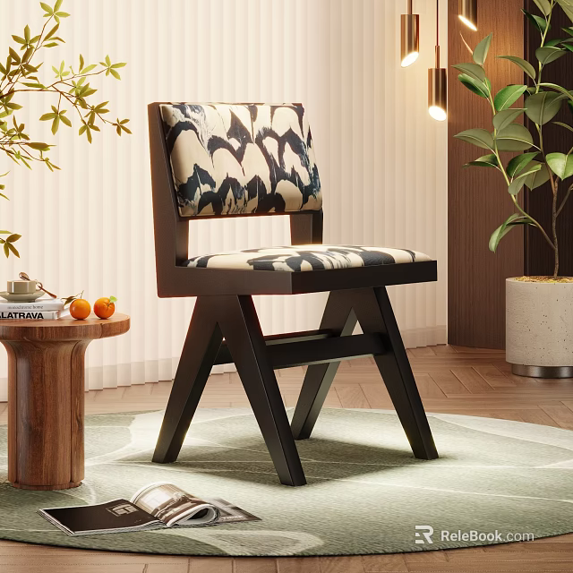 Modern Patterned Accent Chair with Dark Wooden Frame and Green Plant in Cozy Home Interior 3d model 