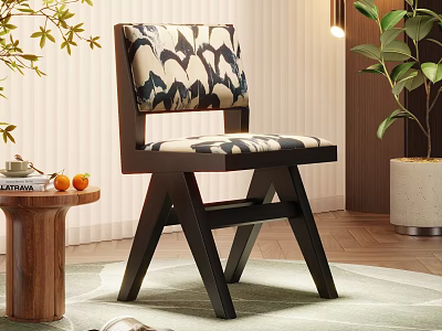Modern Patterned Accent Chair with Dark Wooden Frame and Green Plant in Cozy Home Interior 3d model