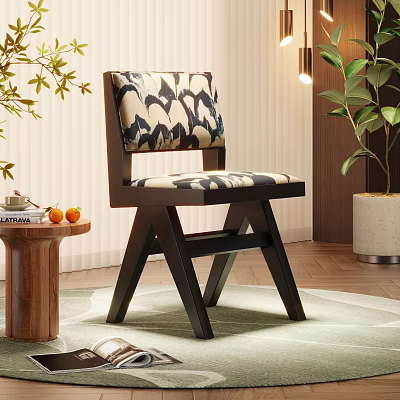 Modern Patterned Accent Chair with Dark Wooden Frame and Green Plant in Cozy Home Interior 3d model