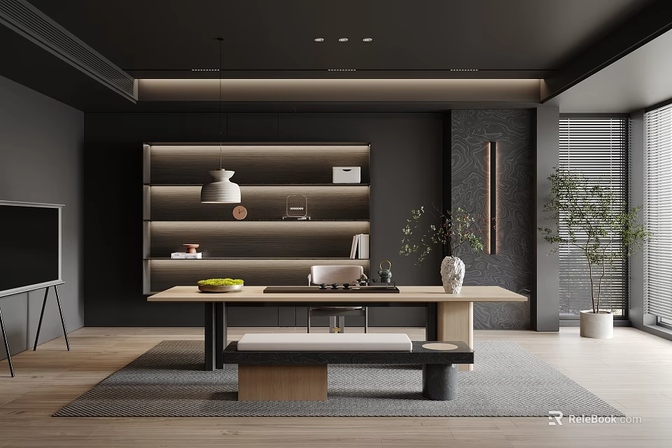 Modern Minimalist Tea Room Interior With Wooden Table Bench Shelves And Hanging Lamp 3d model 