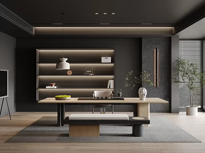 Modern Minimalist Tea Room Interior With Wooden Table Bench Shelves And Hanging Lamp 3d model