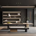 Modern Minimalist Tea Room Interior With Wooden Table Bench Shelves And Hanging Lamp