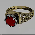 Elegant Gold Ring With Red Gemstone And Intricate Engraved Patterns Design 3d model