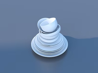 Neatly Stacked White Ceramic Bowls and Plates on Blue Surface 3d model