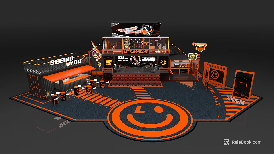 SEEPING YOU Exhibition Booth Design Orange Black Theme Central Smiley Logo Display Counters Tables Chairs 3d model 