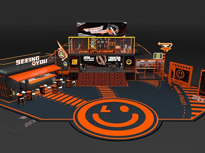 SEEPING YOU Exhibition Booth Design Orange Black Theme Central Smiley Logo Display Counters Tables Chairs 3d model
