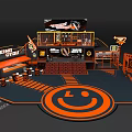 SEEPING YOU Exhibition Booth Design Orange Black Theme Central Smiley Logo Display Counters Tables Chairs