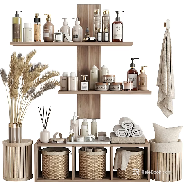 Daily Laundry Essentials On Wooden Shelves With Rolled Towels Aromatherapy Sticks And Storage Baskets 3d model 