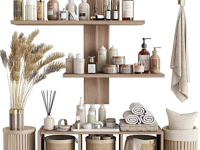 Daily Laundry Essentials On Wooden Shelves With Rolled Towels Aromatherapy Sticks And Storage Baskets 3d model