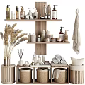 Daily Laundry Essentials On Wooden Shelves With Rolled Towels Aromatherapy Sticks And Storage Baskets