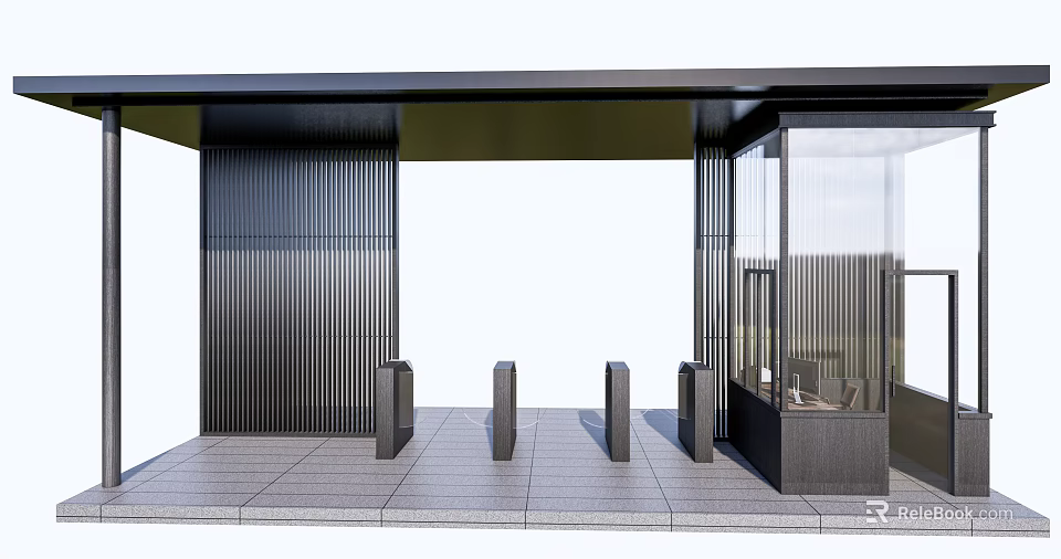 Modern Public Facility Entrance With Canopy Glass Facade And Stone Pavement Bollards 3d model 