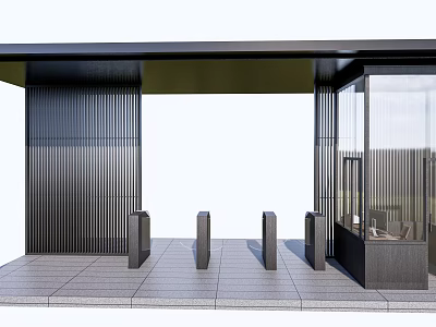 Modern Public Facility Entrance With Canopy Glass Facade And Stone Pavement Bollards 3d model
