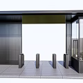 Modern Public Facility Entrance With Canopy Glass Facade And Stone Pavement Bollards