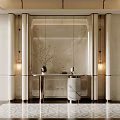 Elegant Modern Entryway Interior Design With Marble Walls Metal Columns Console Table And Patterned Rug