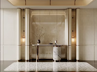 Elegant Modern Entryway Interior Design With Marble Walls Metal Columns Console Table And Patterned Rug 3d model