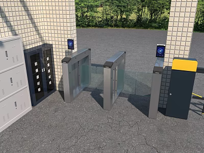 Outdoor Entrance With Lockers Glass Turnstiles Brick Wall And Green Trees 3d model