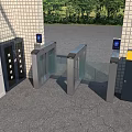 Outdoor Entrance With Lockers Glass Turnstiles Brick Wall And Green Trees