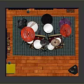 Professional Drum Set And Music Equipment In Blue Room With Orange Floor And Posters