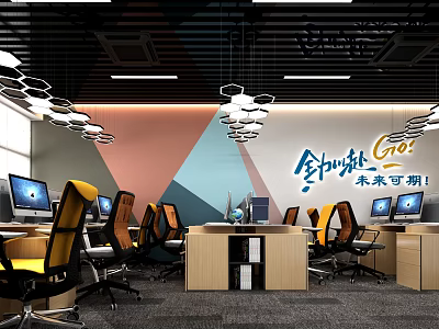 Modern Public Office Space Interior With Geometric Wall Workstations And Pendant Lights 3d model
