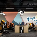 Modern Public Office Space Interior With Geometric Wall Workstations And Pendant Lights 3d model
