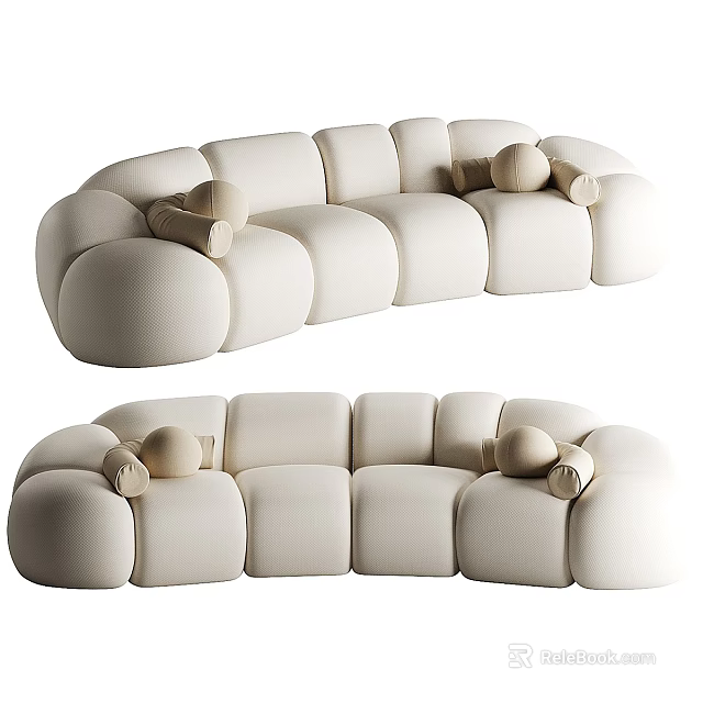 Beige Curved Multi Seater Sofa with Modular Design and Decorative Pillows 3d model 