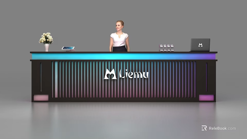 Reception Desk With Receptionist Flower Arrangement Tablet Laptop Vienna Logo Illuminated Vertical Slat Design 3d model 