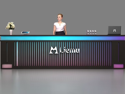 Reception Desk With Receptionist Flower Arrangement Tablet Laptop Vienna Logo Illuminated Vertical Slat Design 3d model