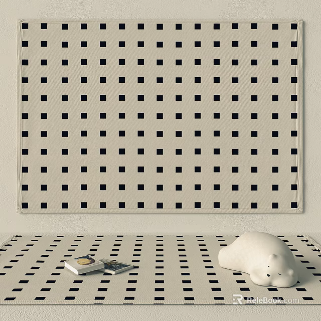 Square Rug With Black And White Grid Pattern And White Bear Figurine On Top 3d model 