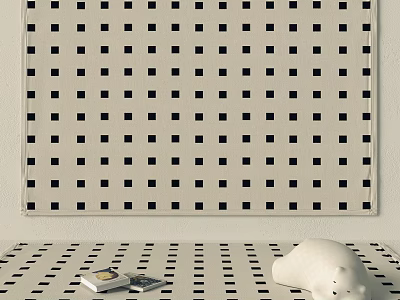 Square Rug With Black And White Grid Pattern And White Bear Figurine On Top 3d model