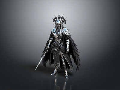Mythical Woman in Elaborate Armor With Crown Feathered Cape And Long Sword 3d model