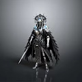 Mythical Woman in Elaborate Armor With Crown Feathered Cape And Long Sword