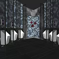 Public Toilet Featuring White Urinals On Both Sides Black White Hexagonal Walls Red Flower Door