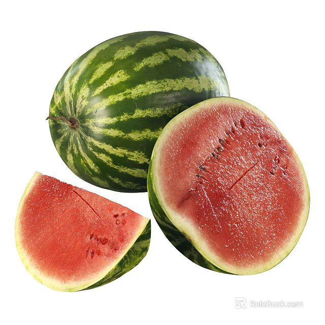 Juicy Fresh Watermelon Whole and Sliced with Red Flesh and Black Seeds 3d model 