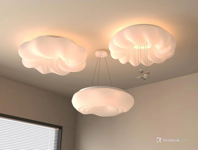 Elegant Cloud Shaped White Chandeliers Hanging From Ceiling In Modern Interior 3d model