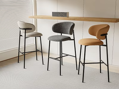 Modern Bar Stools With Beige Gray Tan Upholstery And Black Metal Legs In Minimalist Interior 3d model
