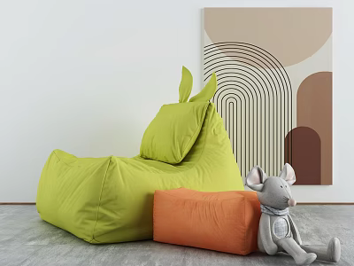 Modern Room Green Bean Bag Chair With Orange Cushion Gray Stuffed Toy And Abstract Painting 3d model
